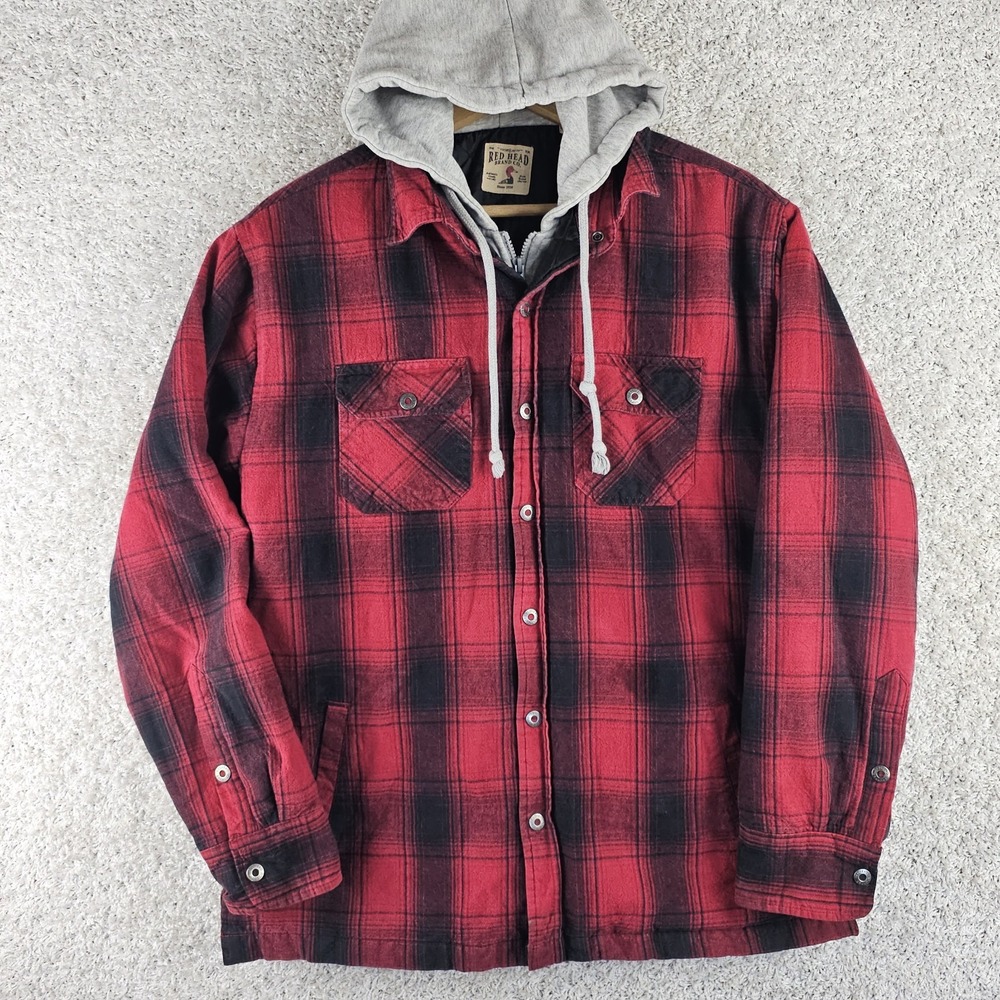 Red Head Buffalo Plaid Flannel Hooded Quilted Zip Snap Shacket Hoodie Sz Large
